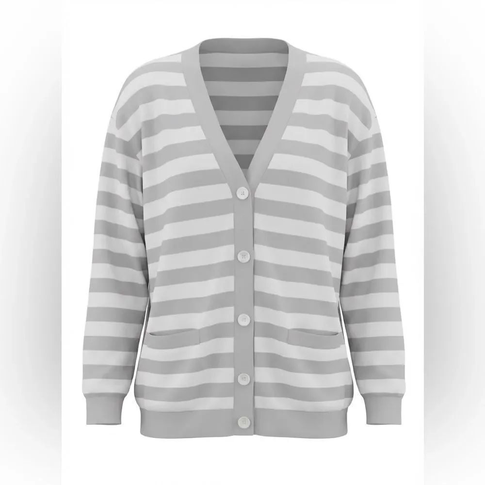 J JILL WOMRNS 2 TONE GRAY STRIPED CARDIGAN SWEATER SIZE L